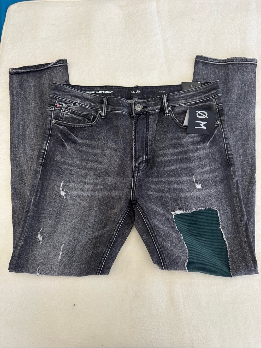 Slim Straight Men's Black Jeans with Dark Green Patch